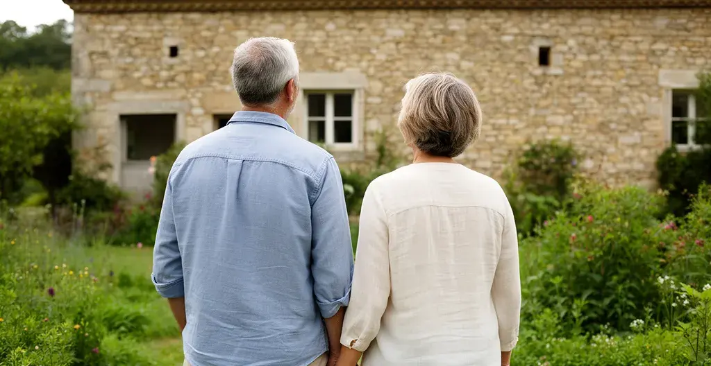 Couple observant la façade d'une maison en pierre depuis le jardin corrézien