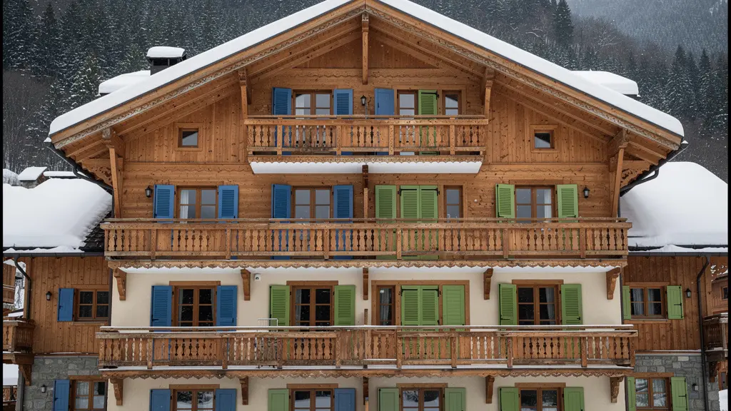 Façade de résidence de montagne traditionnelle avec balcons en bois dans le Champsaur