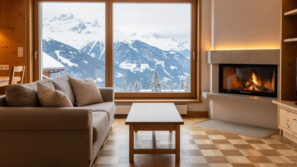 Intérieur lumineux d'un appartement de montagne avec baie vitrée donnant sur la vallée du Champsaur