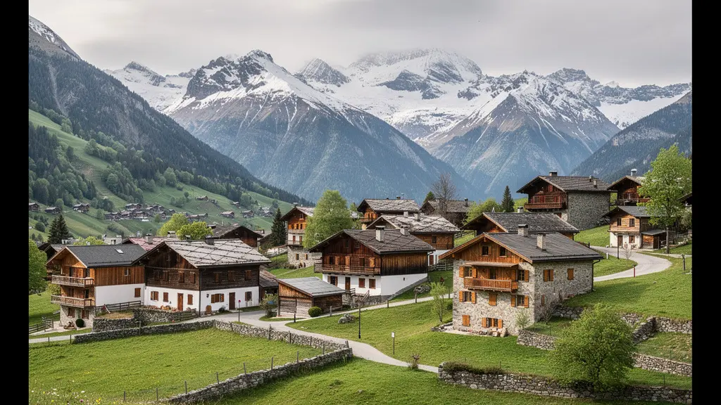 Vue panoramique vallée du Champsaur avec chalets traditionnels et sommets enneigés des Hautes-Alpes