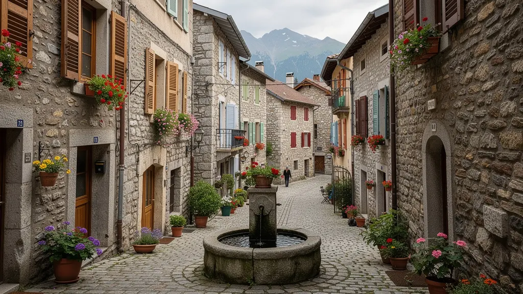 Ruelle pittoresque de village de montagne dans les Hautes-Alpes avec maisons traditionnelles en pierre