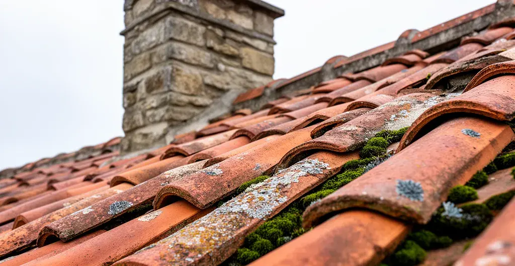 Détail de toiture en tuiles canal avec traces d'usure typique des maisons anciennes