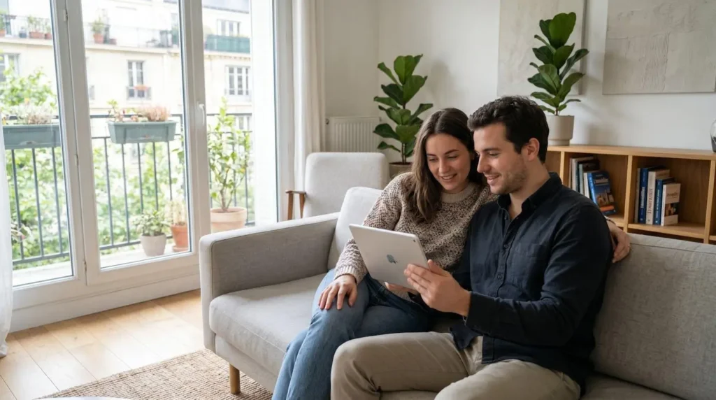 Un couple trentenaire consulte ensemble une simulation de crédit sur une tablette, assis sur un canapé contemporain avec une lumière naturelle venant de la fenêtre