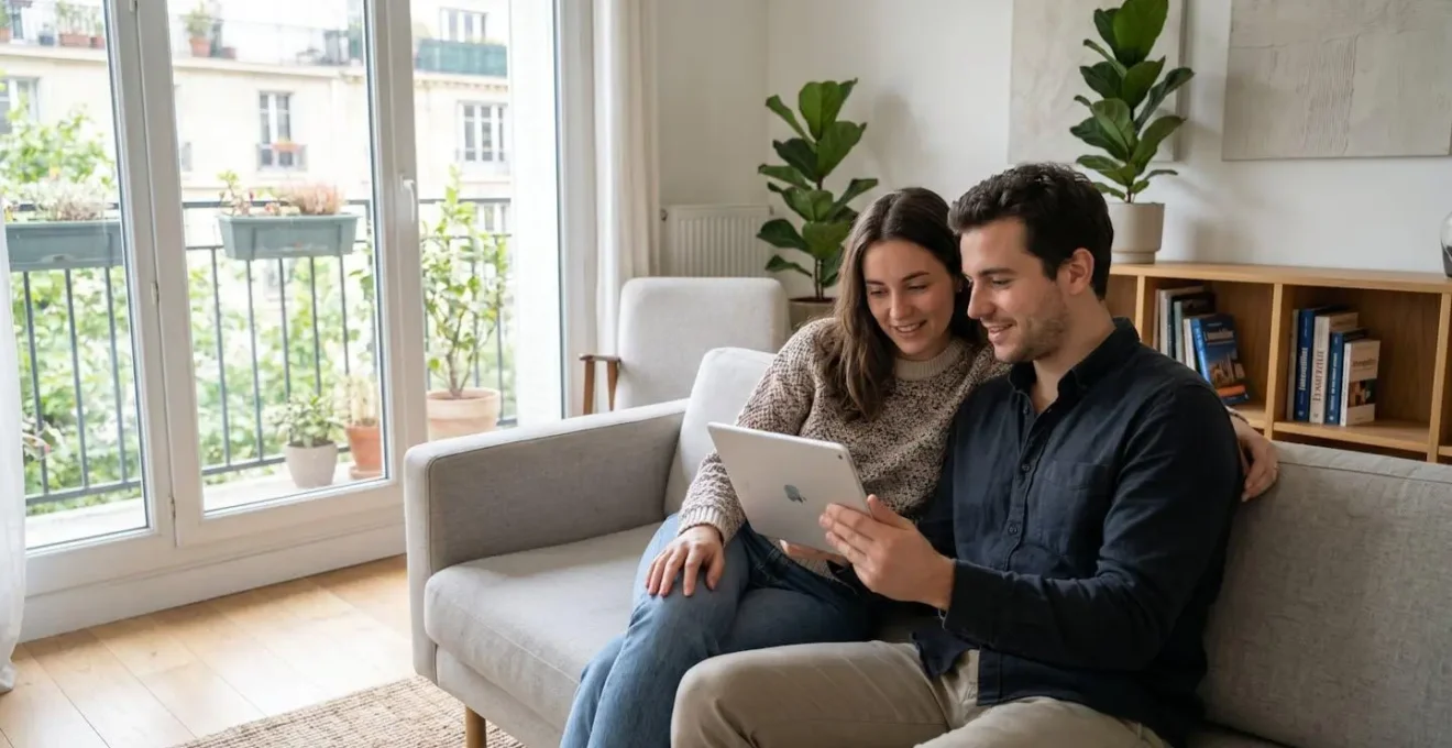Un couple trentenaire consulte ensemble une simulation de crédit sur une tablette, assis sur un canapé contemporain avec une lumière naturelle venant de la fenêtre