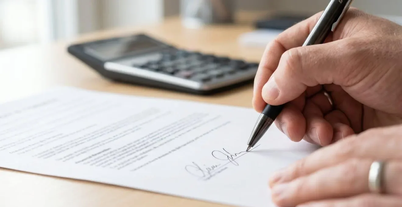 Vue en gros plan d'une main signant un document financier avec un stylo, la signature et le texte du document sont flous, une calculatrice moderne floue en arrière-plan