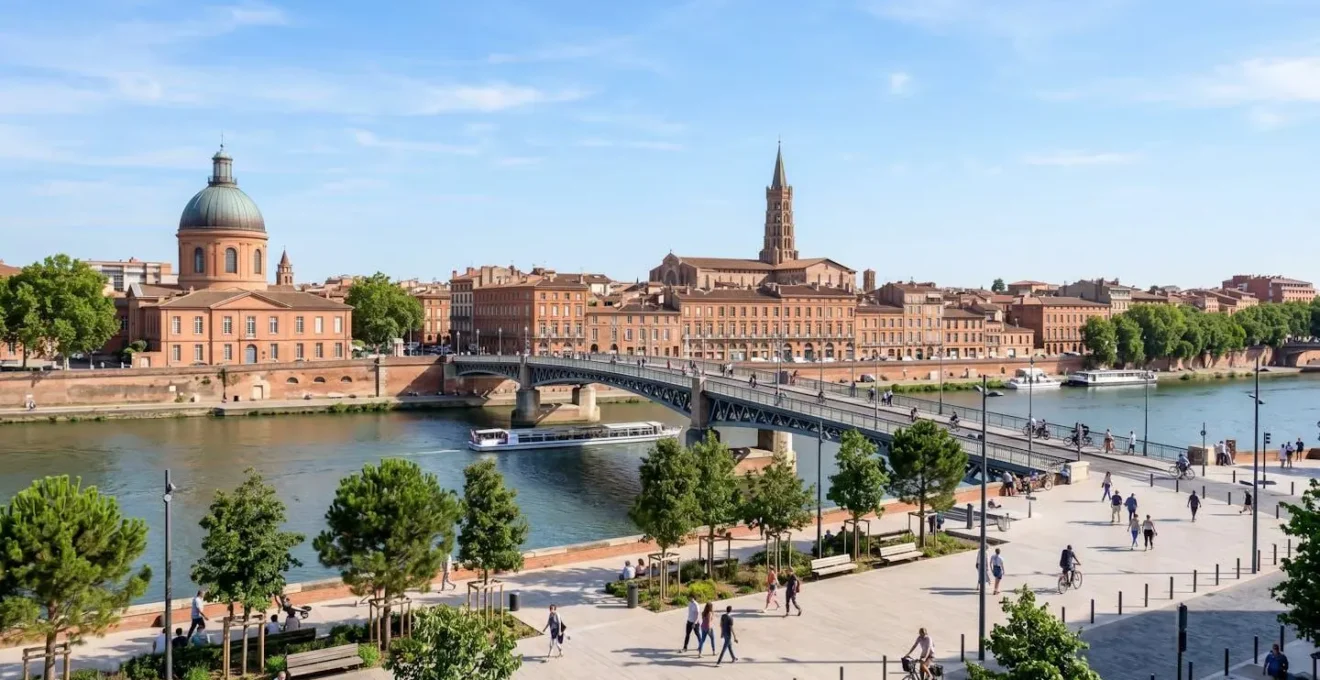 Vue urbaine de Toulouse avec ses bâtiments caractéristiques en brique rose, le pont sur la Garonne et une ambiance lumineuse contemporaine