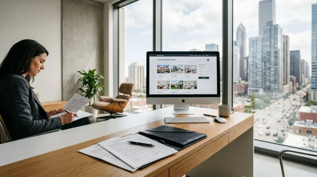 Bureau d'agent immobilier moderne avec documents de closing et écran d'ordinateur affichant des annonces MLS