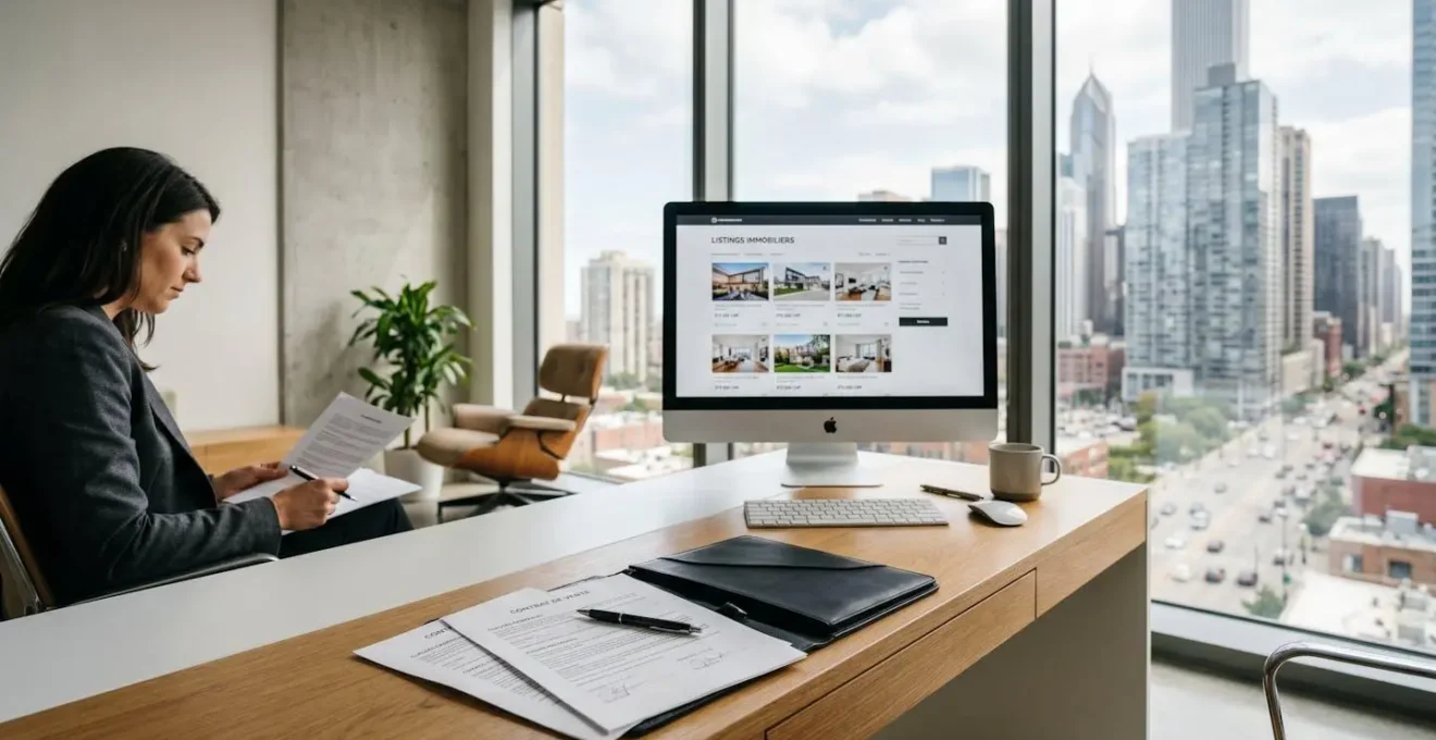 Bureau d'agent immobilier moderne avec documents de closing et écran d'ordinateur affichant des annonces MLS