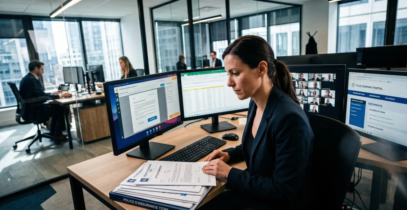 Bureau professionnel avec documents d'assurance titre et écrans montrant signature électronique à distance