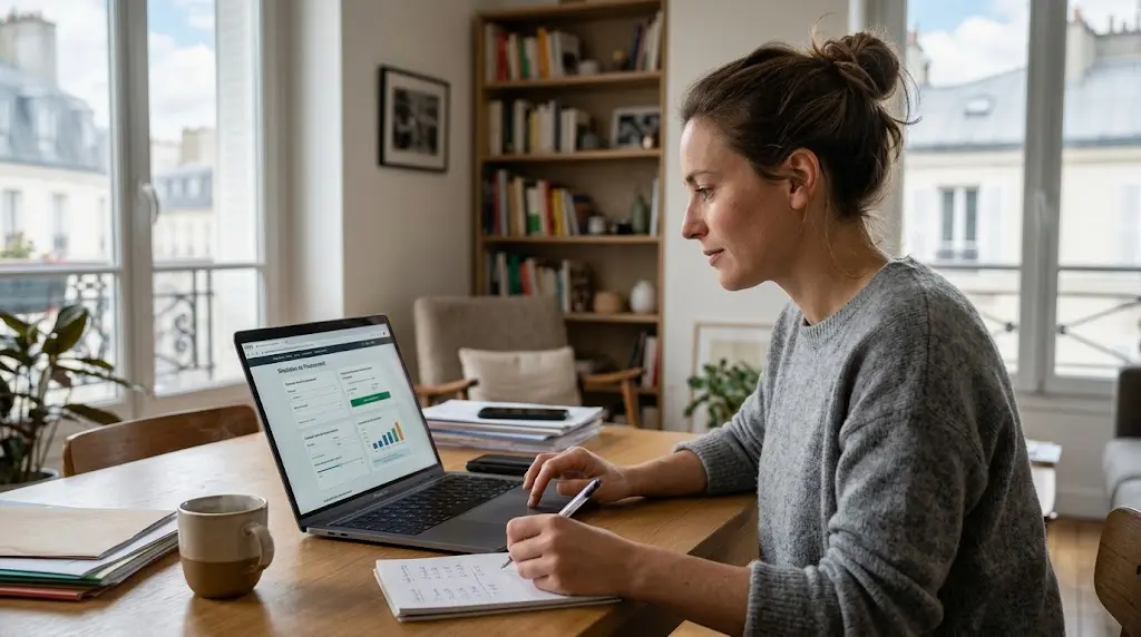 Une personne simule son financement sur un ordinateur portable chez elle.