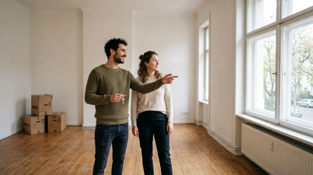 Un jeune couple visite un appartement vide et examine la pièce principale.