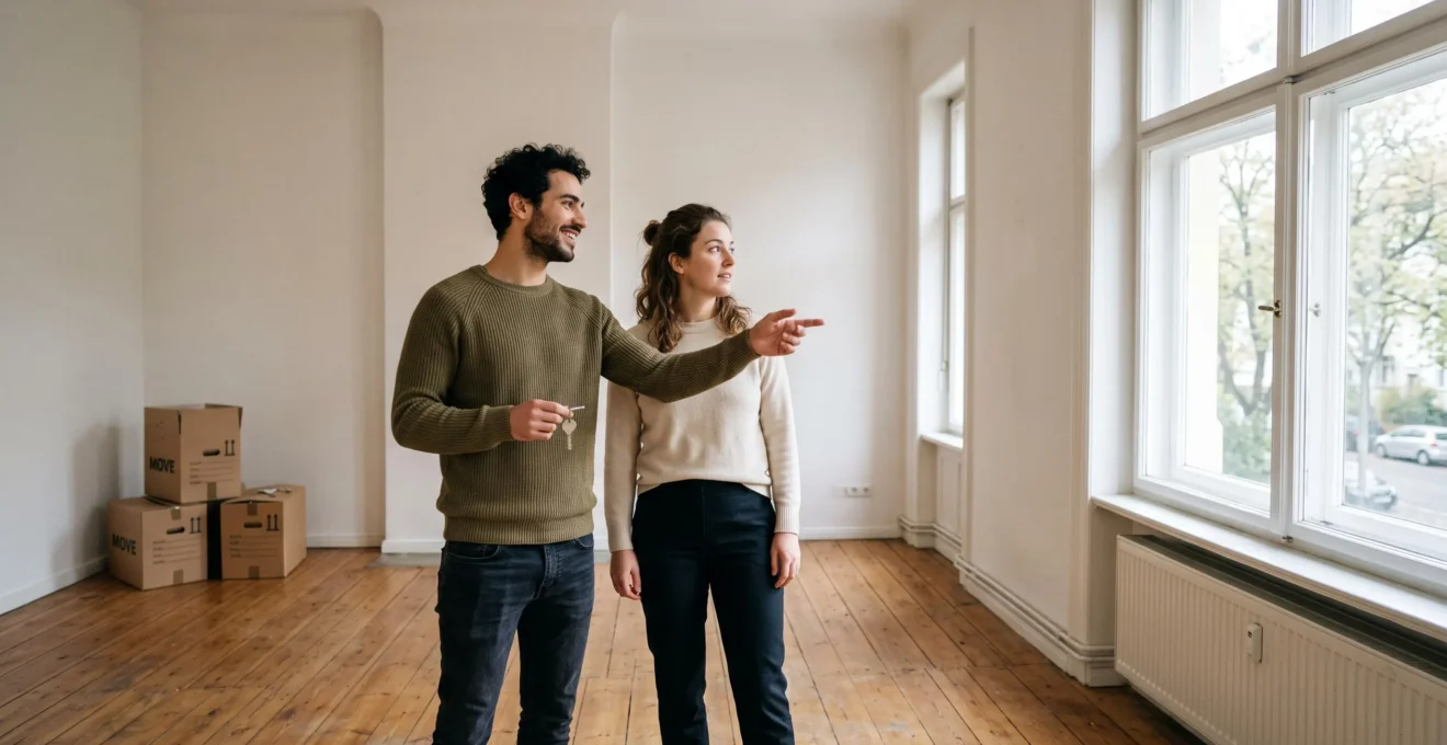 Un jeune couple visite un appartement vide et examine la pièce principale.
